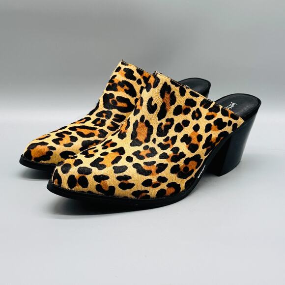 Jeffrey Campbell Women 9 Brown Favela Calf Hair Leopard Mules Slip On Block Heel - Picture 4 of 11